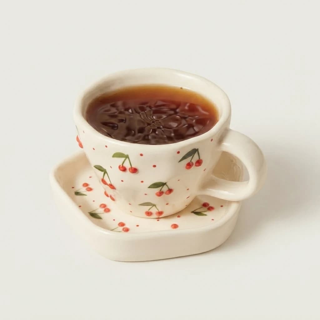 Off-white cherry pattern cup and saucer set displayed straight-on against a plain background.