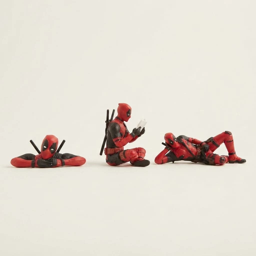 Three superhero character figures in red and black suits arranged on a plain white surface.